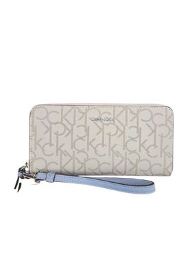 Calvin Klein Creamy White Monogram Print Zip Around Wallet Wristlet